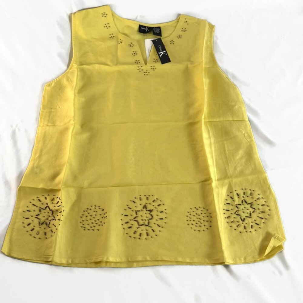 Dina K Womens Sleeveless Ramie/Viscose Yellow Gold Shirt, Size Large Beaded